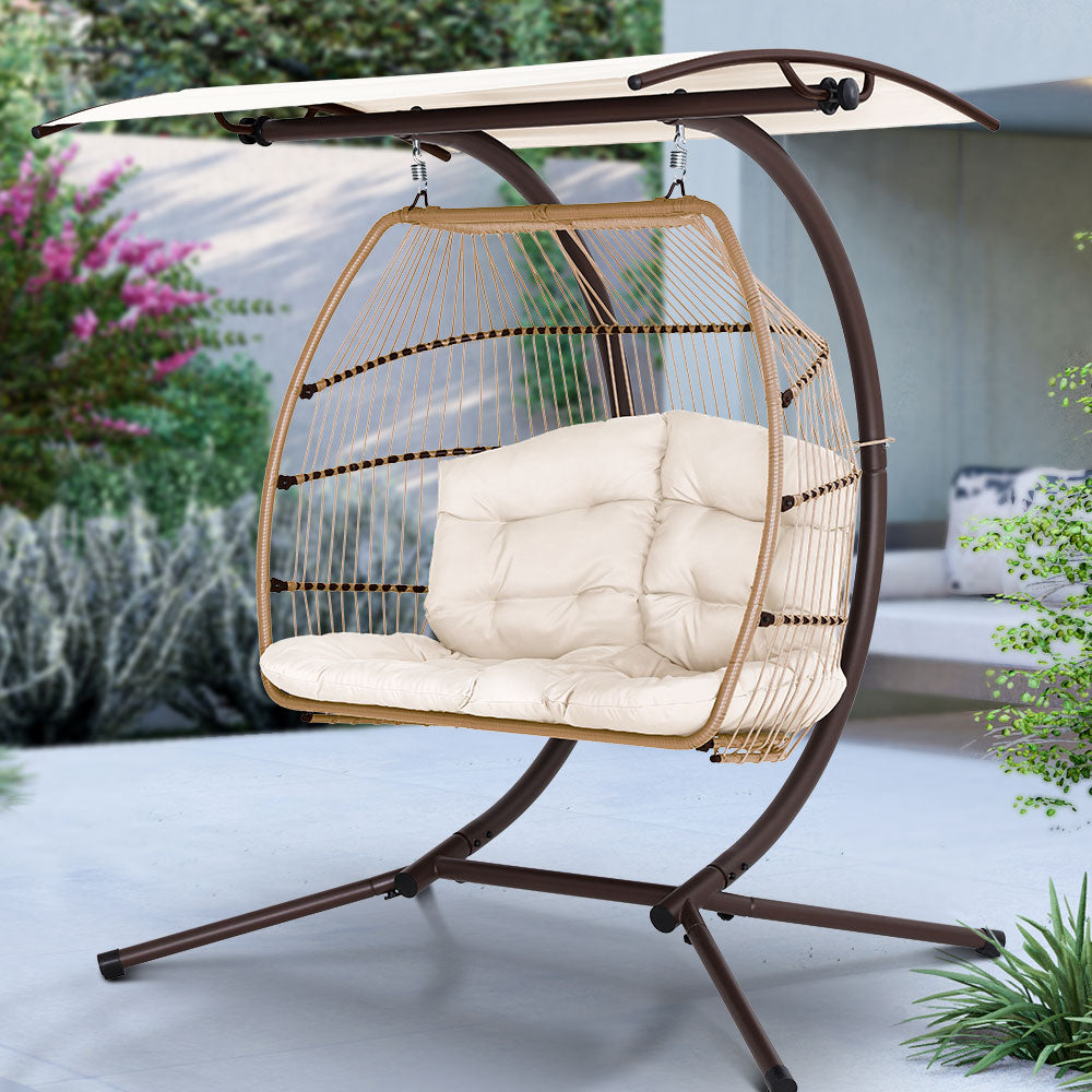 Gardeon Outdoor Furniture Lounge Hanging Swing Chair Egg Hammock Stand Rattan Wicker Latte