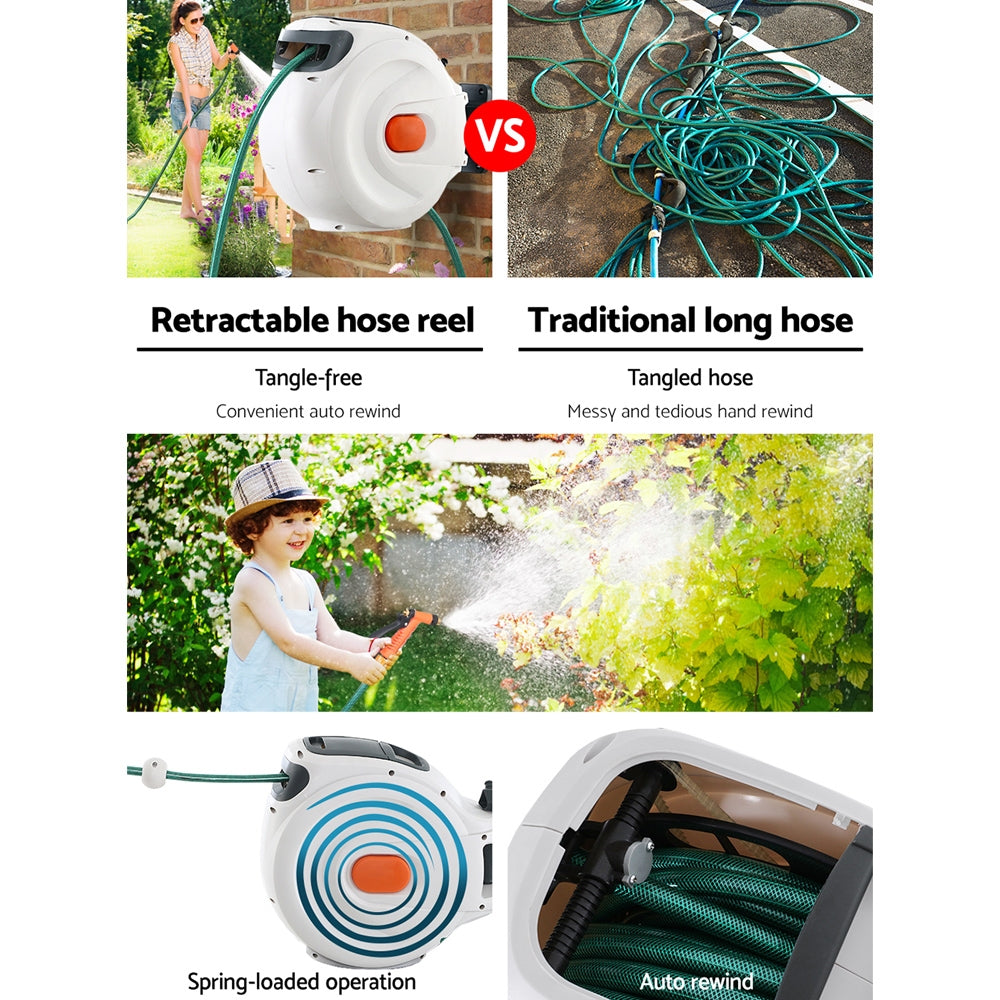 Greenfingers Retractable Hose Reel 20M Garden Water Brass Spray Gun Auto Rewind