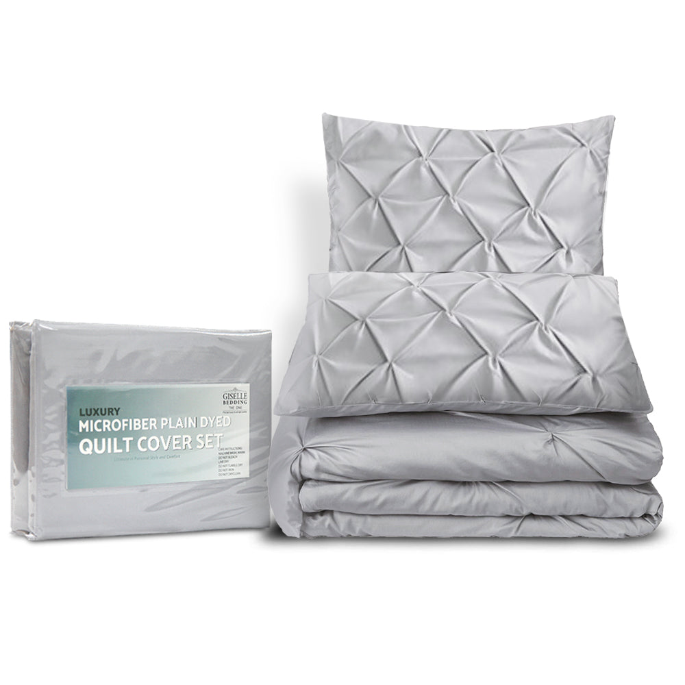 Giselle Bedding Pinch Pleat Diamond Duvet Doona Queen Quilt Cover Set Case Grey