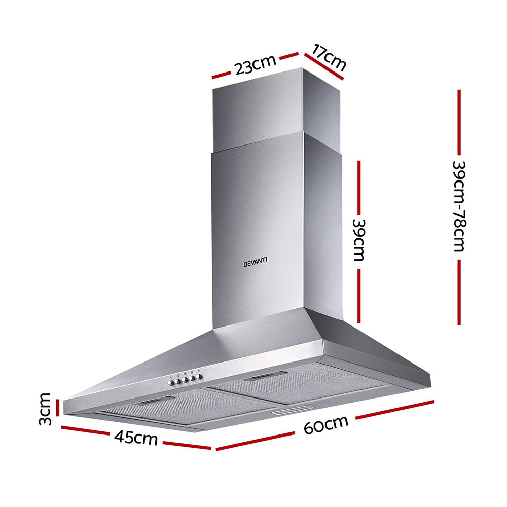 Devanti Range Hood 60cm 600mm Kitchen Canopy Stainless Steel Rangehood Wall Mount