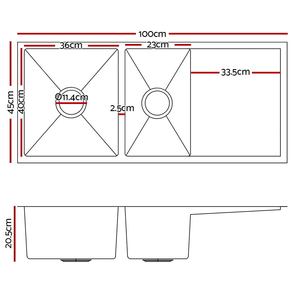 Cefito 100cm x 45cm Stainless Steel Kitchen Sink Under/Top/Flush Mount Black