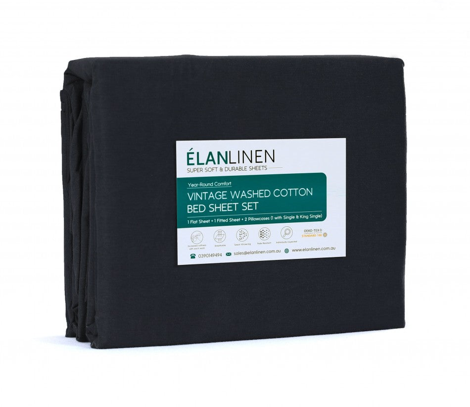 Elan Linen 100% Egyptian Cotton Vintage Washed 500TC Charcoal Queen Bed Sheets Set