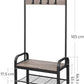 Greige and Black Steel Freestanding Coat Rack Stand with Removable Hooks, Bench and Shoe Rack, Height 183 cm