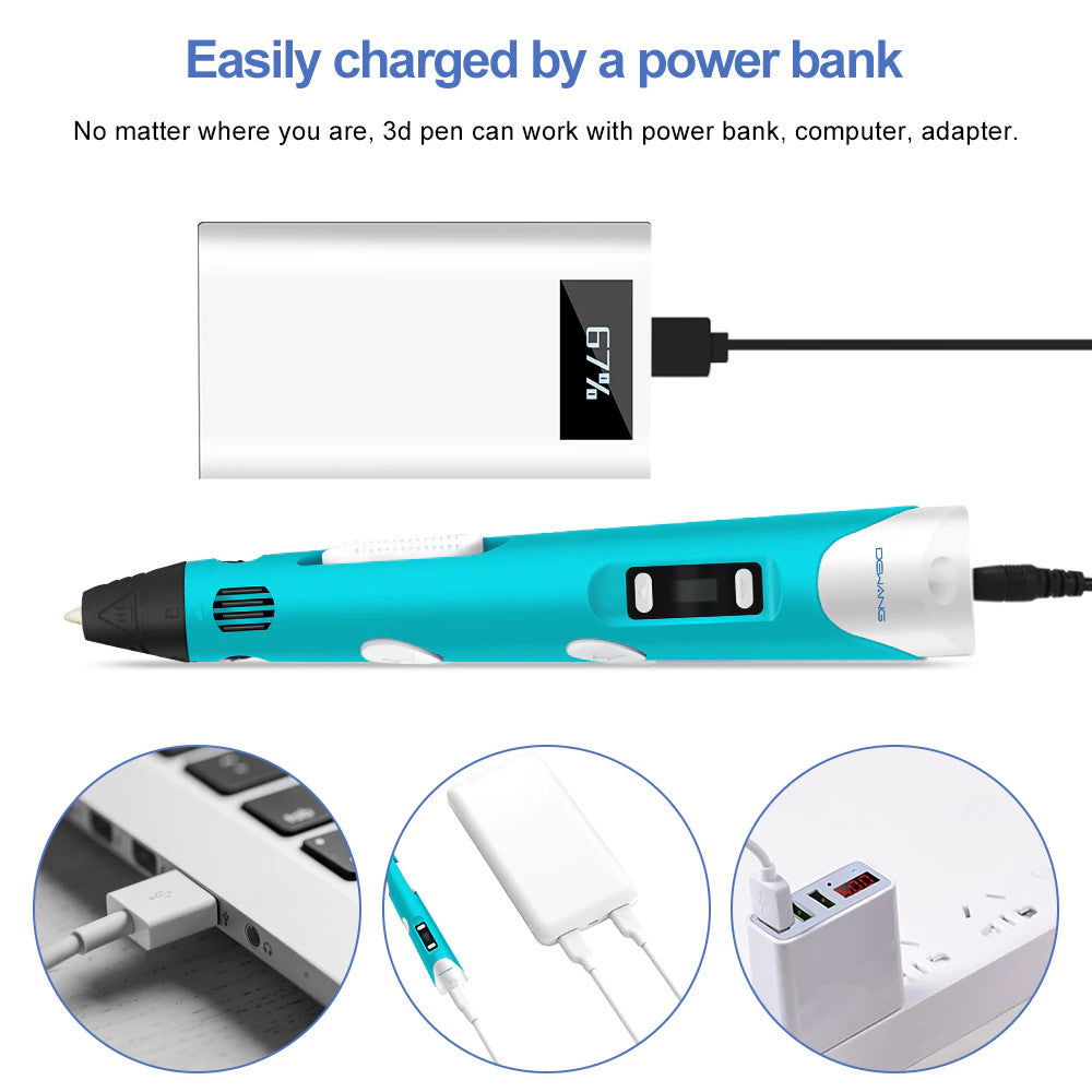 USB 3D Printing Pen Drawing Pen Printer +LCD Screen +3 Free Filaments Kid Gift Blue