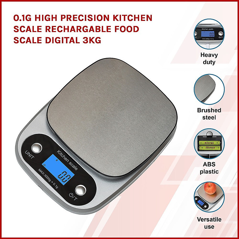 0.1g Digital Kitchen Scale 3kg Rechargeable High Precision Food